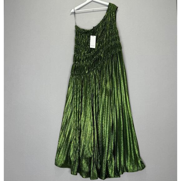 Akira Stay Radiant Metallic Maxi Womens 2X Green One Shoulder Pleated Gown Prom - Picture 2 of 14